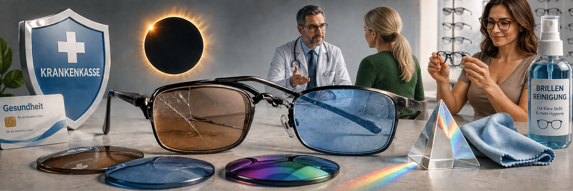 Bild mit einer defekten Brille, verschieden Brillengläsern (braun, blau, verspiegelt), einem Prisma, einer Sonnenfinsternis sowie Symbolen für Krankenkasse, Arzt, Optikerin und Reinigungsmittel