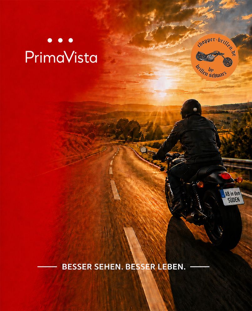 Motorrad fährt dem Sonnenuntergang entgegen mit PrimaVista Logo und Schriftzug BESEER SEHEN. BESSER LEBEN.