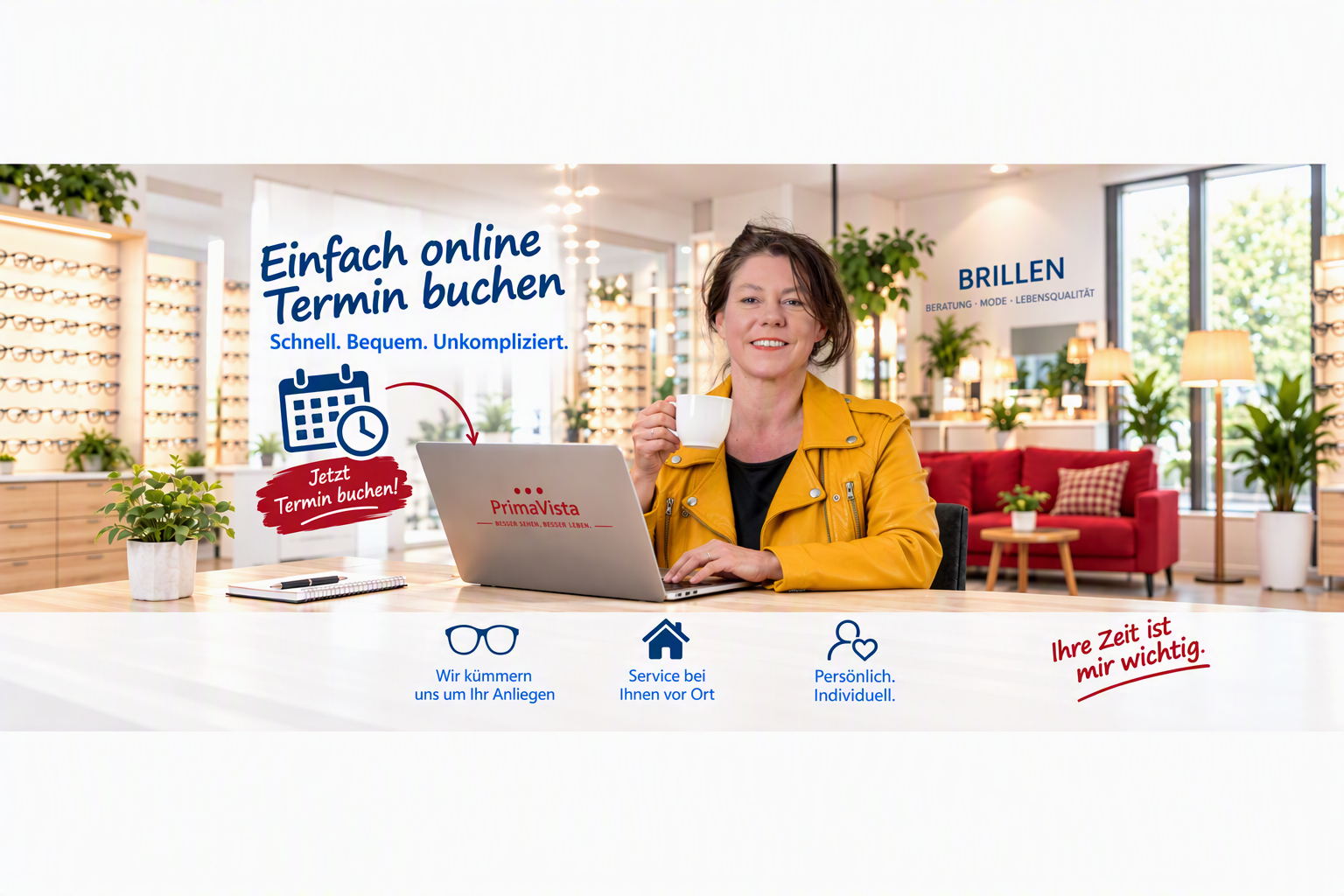 Inhaberin vor einem Laptop mit Tasse in der Hand in ihrem Laden