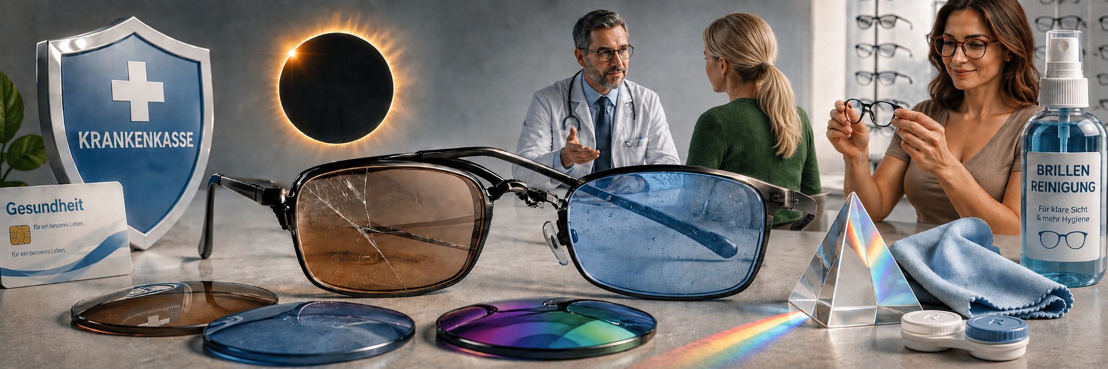 Bild mit einer defekten Brille, verschieden Brillengläsern (braun, blau, verspiegelt), einem Prisma, einer Sonnenfinsternis sowie Symbolen für Krankenkasse, Arzt, Optikerin und Reinigungsmittel